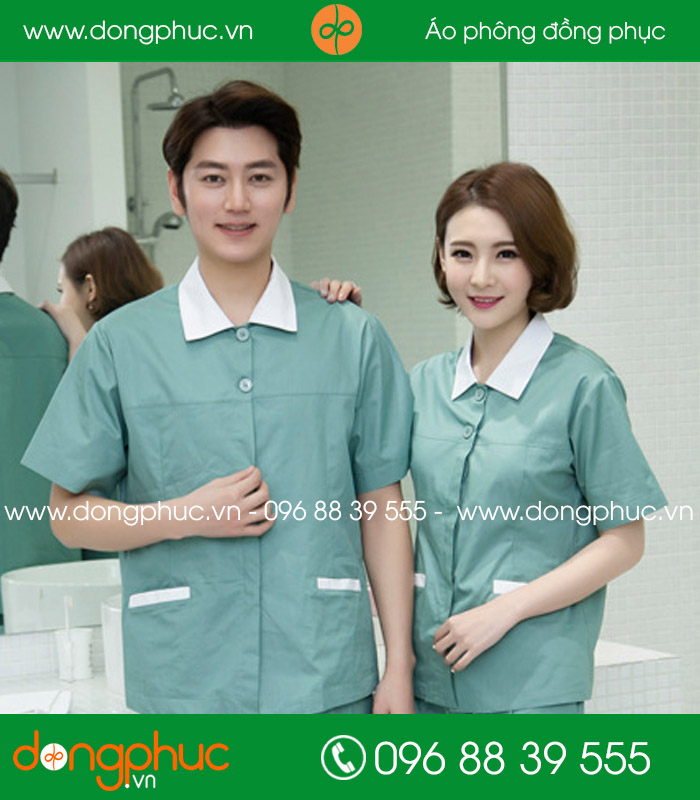 Đồng phục vệ sinh màu xanh đậm cổ trắng